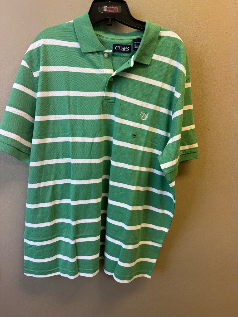 Chaps Men's Green and White Striped Polo